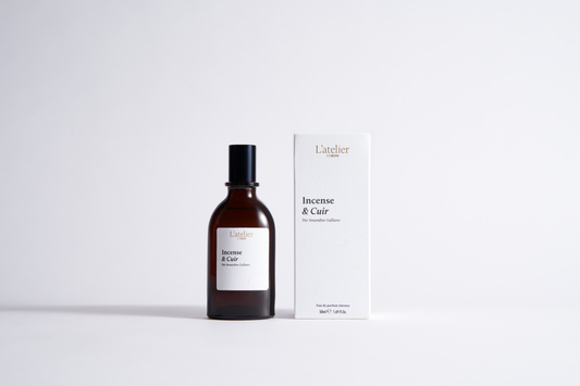 Flacone profumo cuoio e incenso con patchouli riciclato e note naturali sostenibili