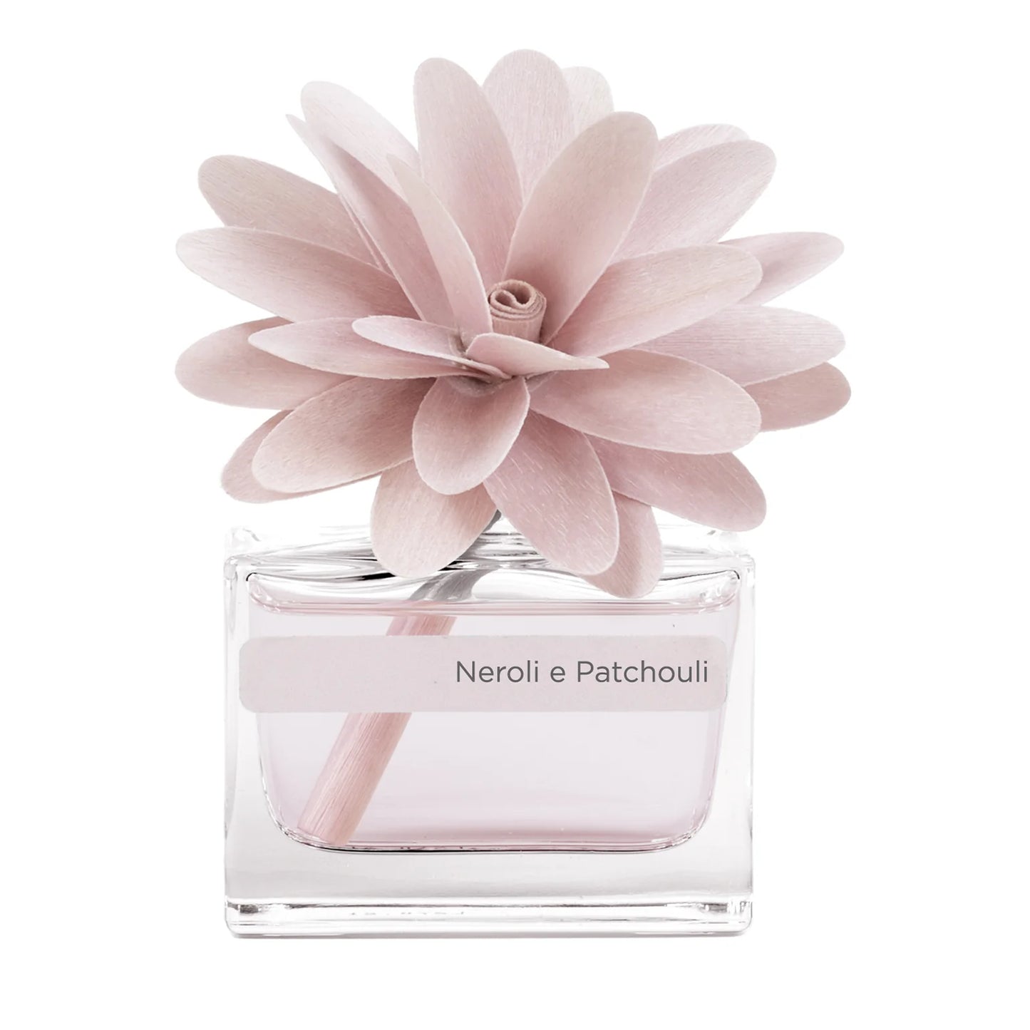 Profumatore ambiente Muha’ Neroli e Patchouli con fiore in legno di betulla e bottiglia in vetro, fragranza agrumata e floreale.