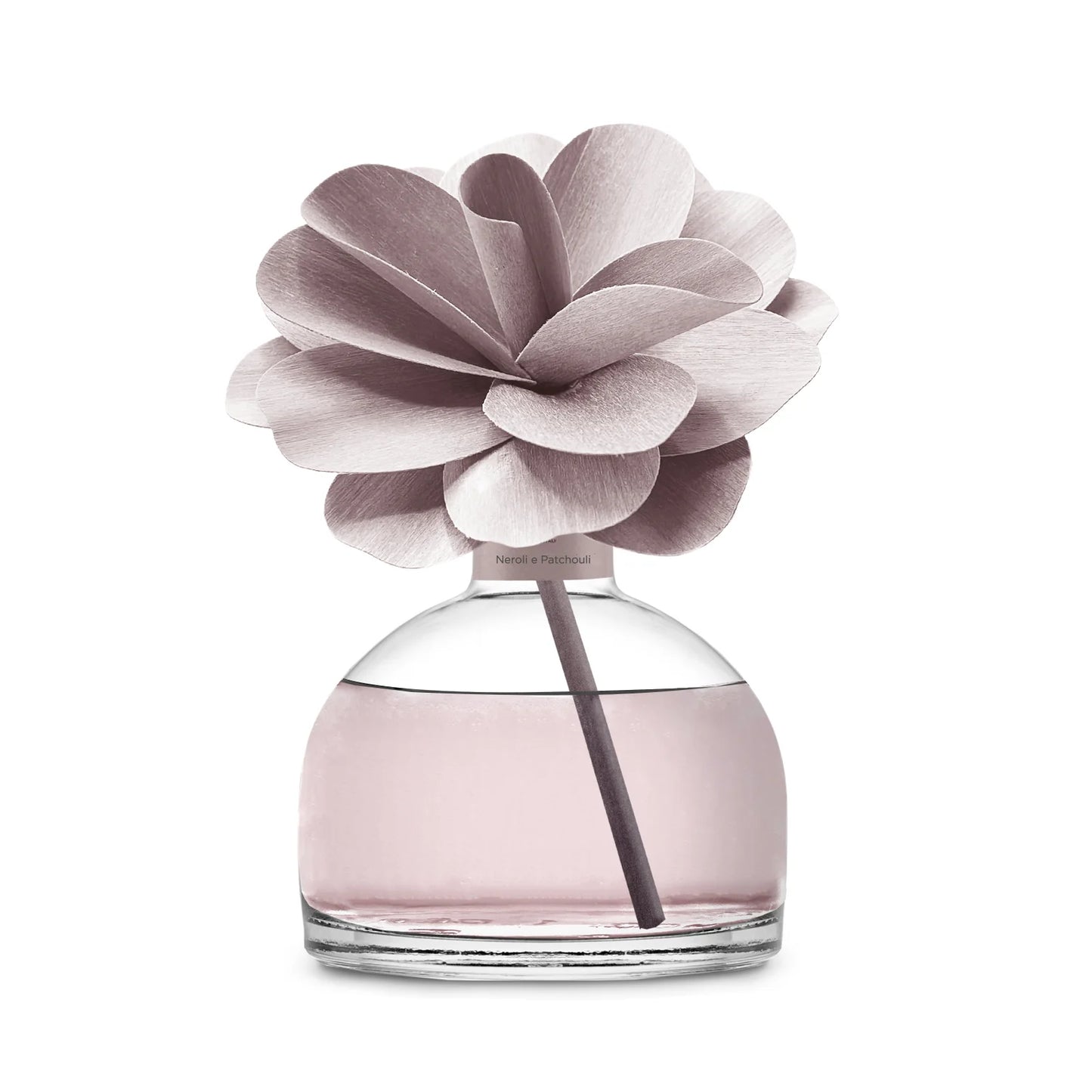 Profumatore ambiente Muha’ Neroli e Patchouli con fiore in legno di betulla e bottiglia in vetro, fragranza agrumata e floreale.