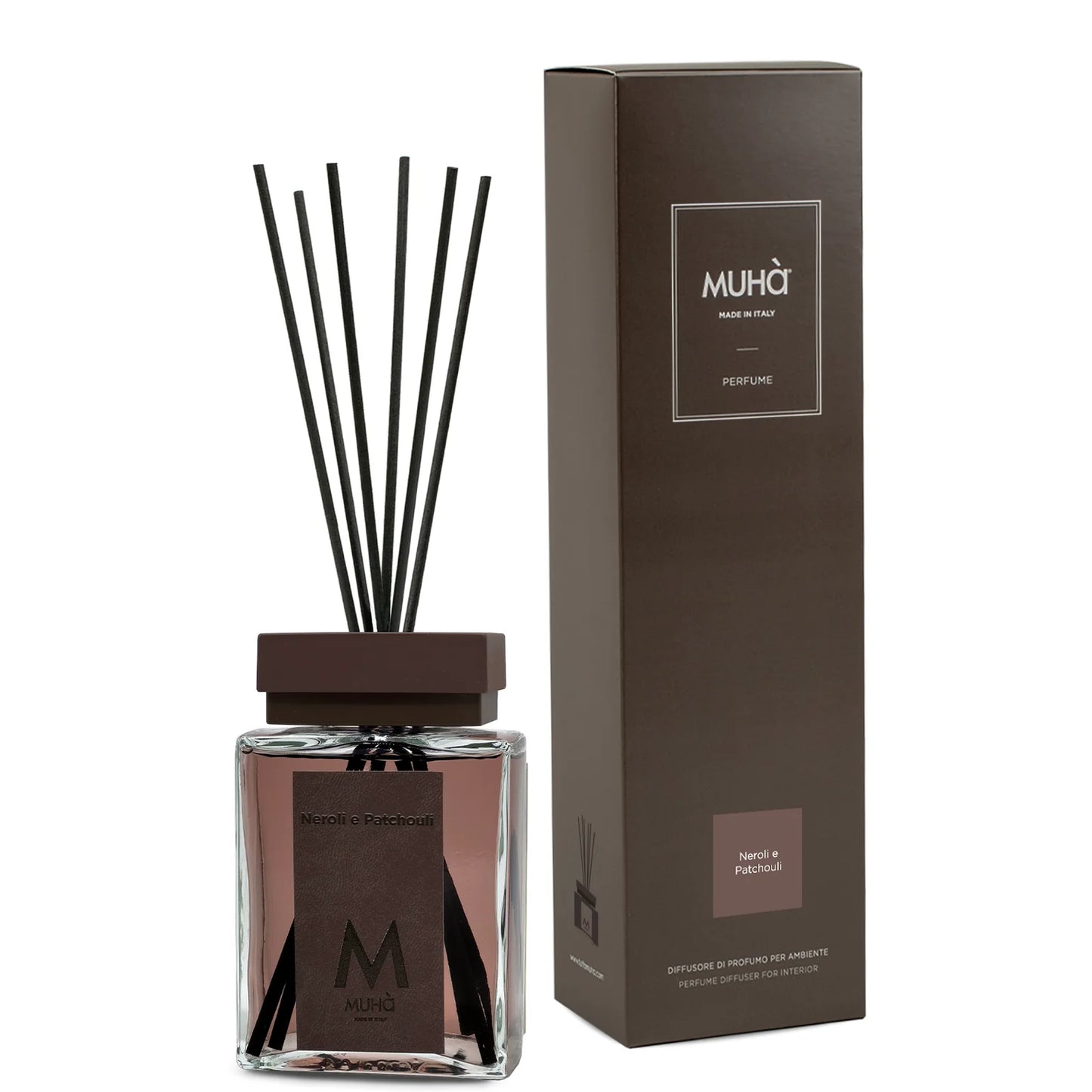 Diffusore a bastoncini Muha’ Neroli e Patchouli in vetro con collo in zama, fragranza agrumata e calda per ambienti eleganti e profumati.