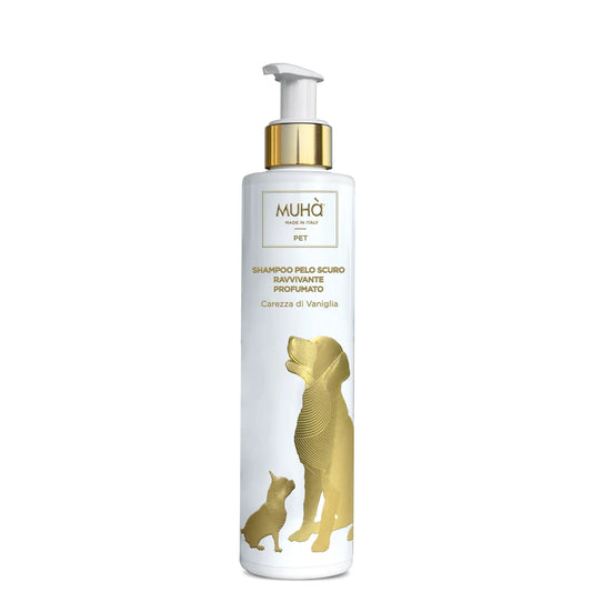 Shampoo Muhà per cani a pelo scuro con profumazione vanigliata e ingredienti naturali