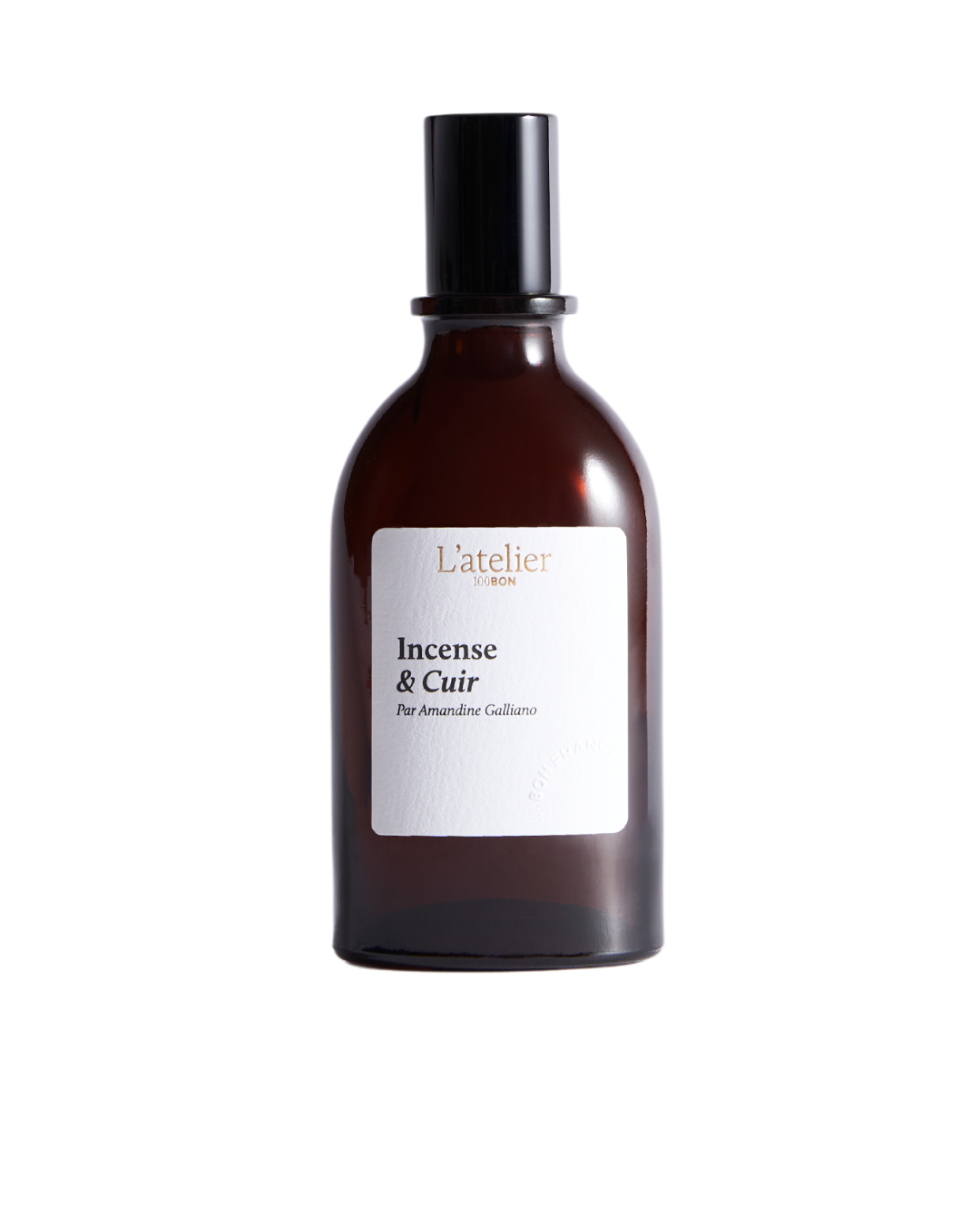 Flacone profumo cuoio e incenso con patchouli riciclato e note naturali sostenibili