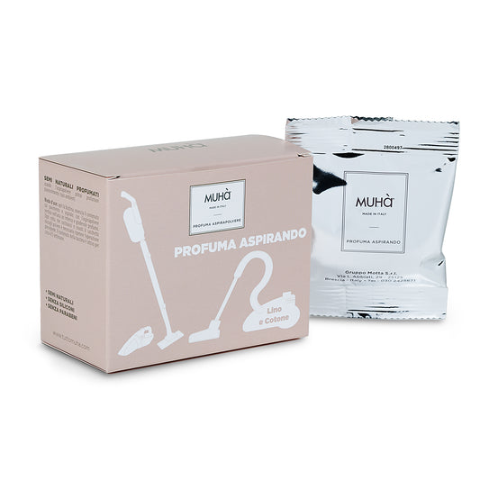 Profuma Aspirando Lino e Cotone Muha: semi naturali per aspirapolvere con note di rosa, lavanda e muschio. Profumo di pulito che avvolge ogni ambiente.